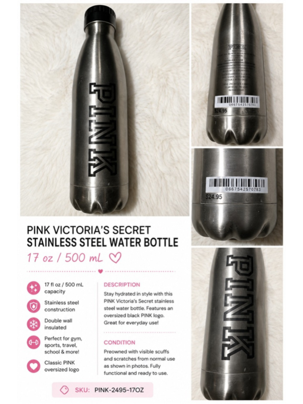 PINK Victoria’s Secret Stainless Steel Water Bottle Black Logo 17oz